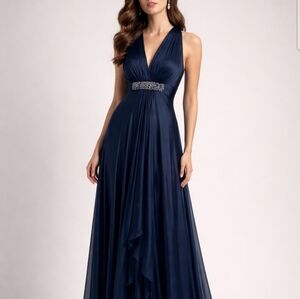 Marc Bouwer Glamit Dark Navy Silk Embelished Sleeveless Gown Size 4